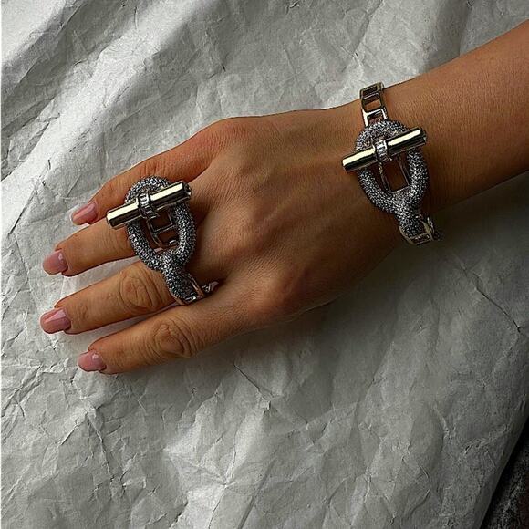 Gold Zircon Bangle Bracelet Two Finger Ring Set Luxury 18K Gold Plated - Picture 13 of 15